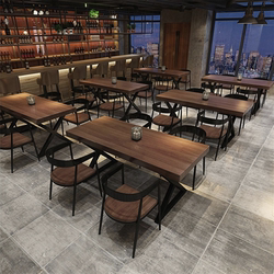 Retro Industrial Style Restaurant Bar Barbecue Shop Solid Wood Dining Table and Chair Combination Commercial Rectangular Milk Tea Shop Table and Chair