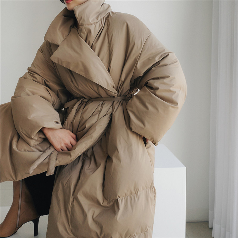 Loose Oversized Bread-Style Bf Style Student Lace-Up Jacket, Mid-Length Over-The-Knee down Cotton Coat, Thickened Warm Cotton-Padded Jacket