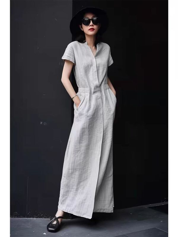 Loose Large-Size Linen Dress with Short Sleeves, Elegant High-Waisted Slimming Bf Casual Student Cotton-Linen Shirt, Over-The-Knee Long Skirt