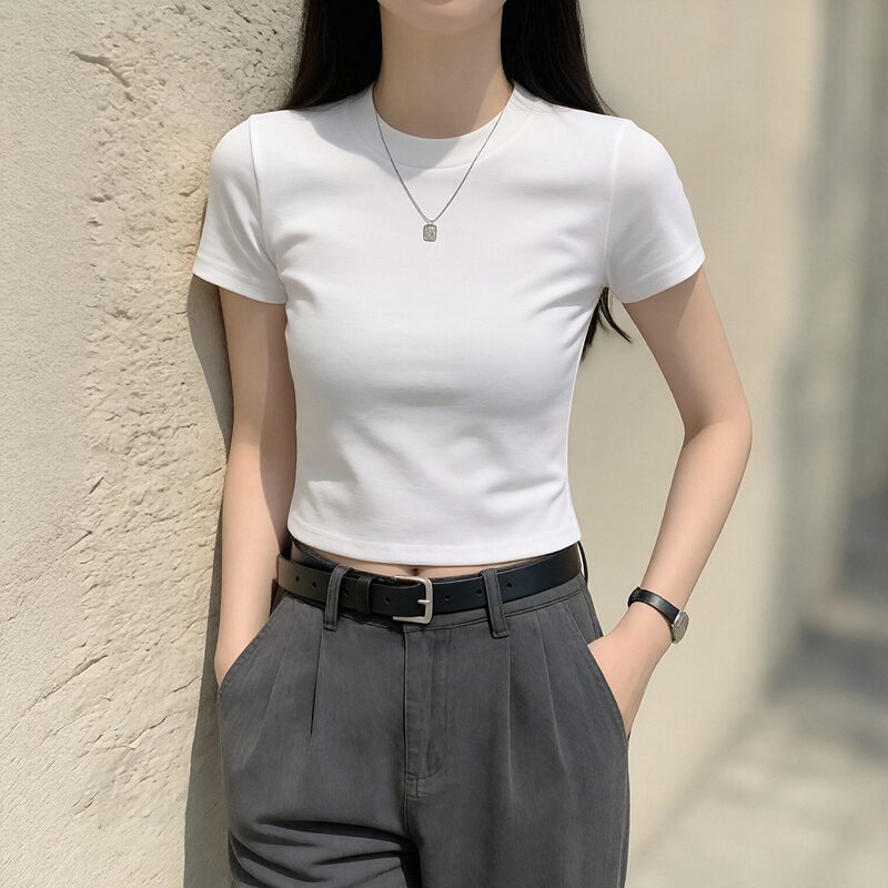 White High-Waisted Short Top in Hyuna Style, Summer Crop Top with Exposed Navel, Short-Sleeved Tight-Fitting T-Shirt, Belly-Baring T-Shirt