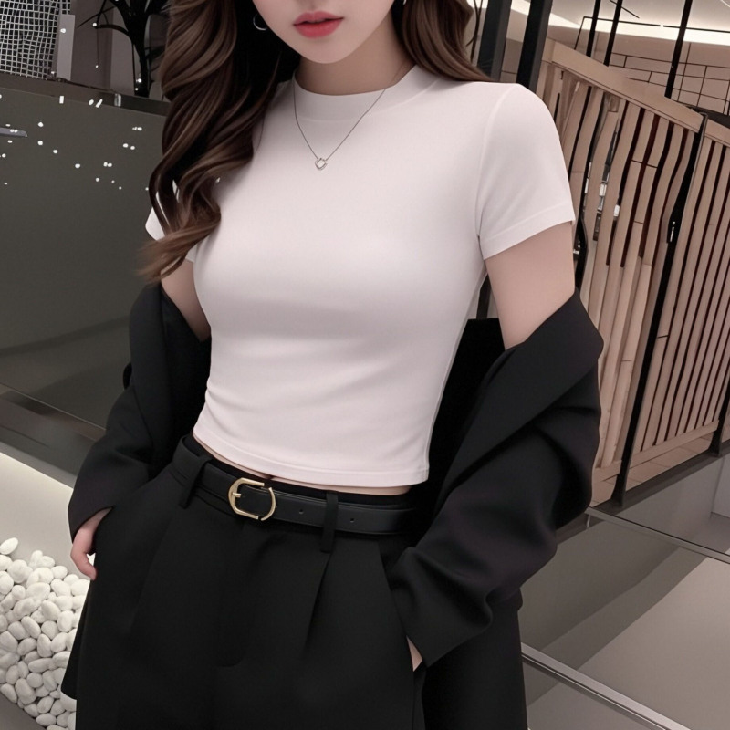Pure Cotton Short Crop Top with Exposed Navel, Short-Sleeved, Tight-Fitting White Top, Versatile High-Waisted Korean Style, Small Round Neck, Waist-Revealing Short Outfit Pure Cotton Short Crop Top with Exposed Navel, Short-Sleeved, Tight-Fitting White Top, Versatile High-Waisted Korean Style, Small Round Neck, Waist-Revealing Short Outfit
