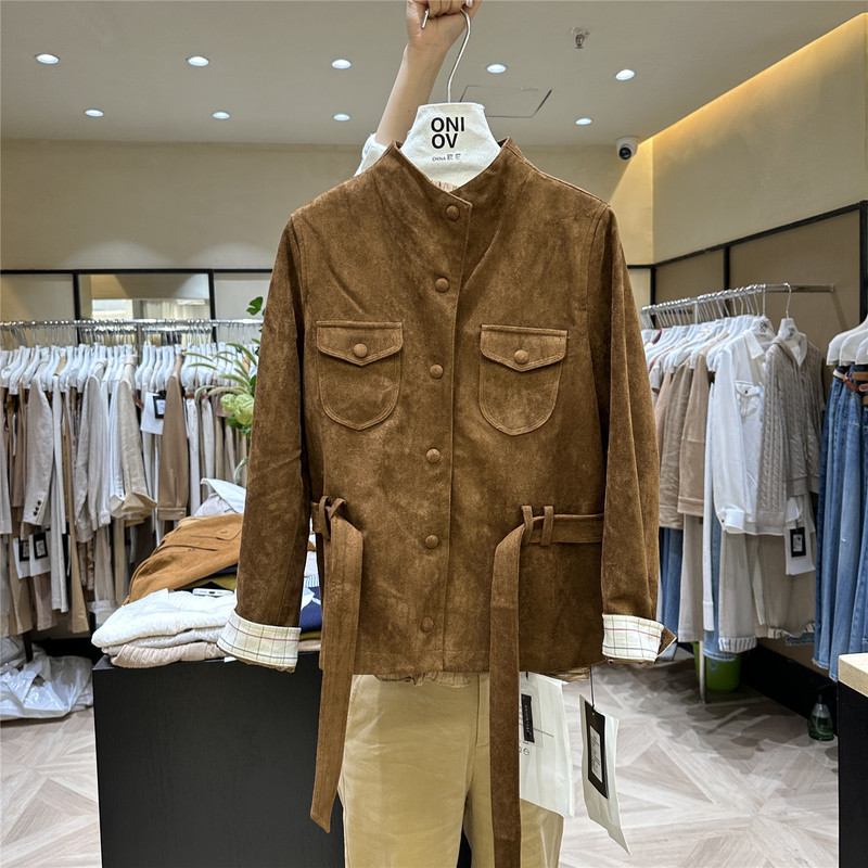 Oni 2026 Autumn New Collection Waist-Tie Stand Collar Vintage Suede Short Jacket for Women in Old Money Style