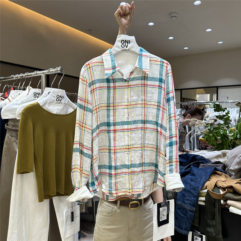 Oni 2026 Early Autumn New Colorful Plaid Yarn-Dyed Linen Long-Sleeved Shirt for Women, British Style Relaxed Shirt