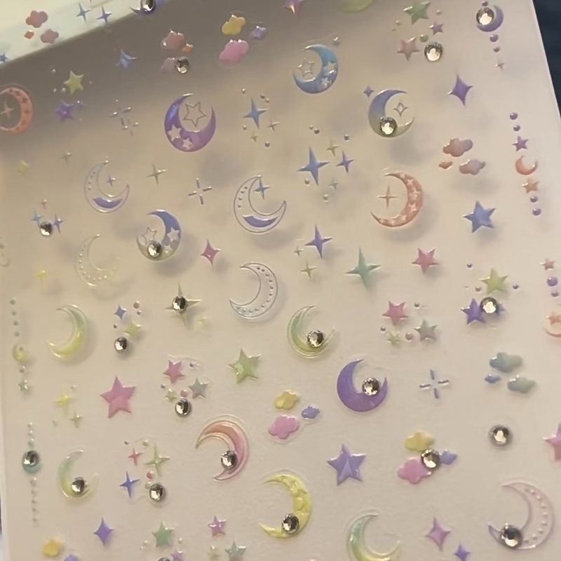Xiaohongshu Same Style Sparkling Crystal Diamond Moon Nail Stickers Cute Nail Stickers Shell Light Moon Stars for Girls