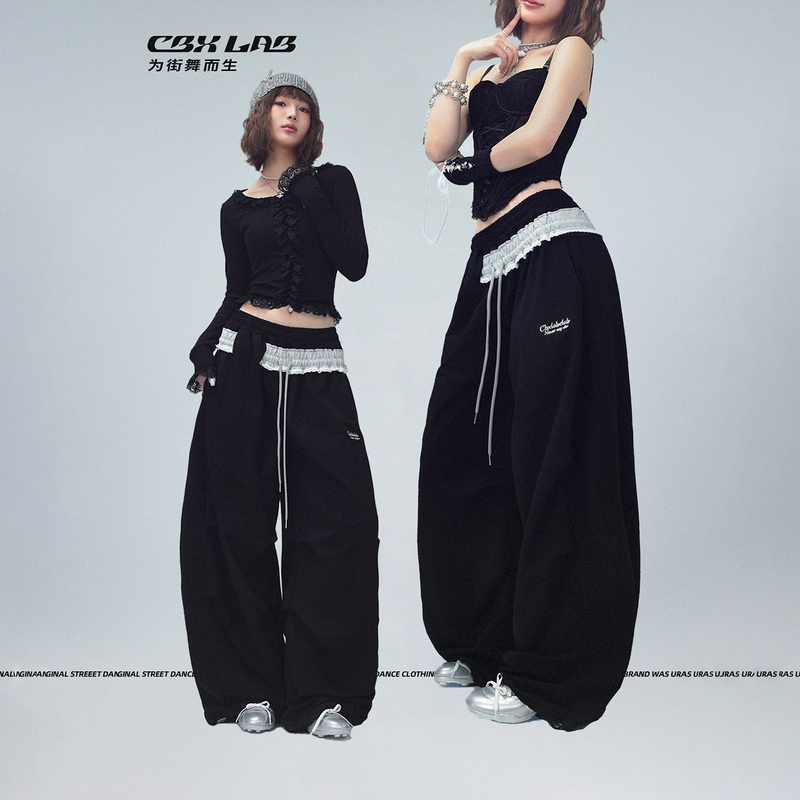 Cbxlab Street Dance Trendy Brand Black Jazz Double Waist Lace Contrast Color Sports Pants Hip-Hop Big Banana Casual Pants Cbxlab Street Dance Trendy Brand Black Jazz Double Waist Lace Contrast Color Sports Pants Hip-Hop Big Banana Casual Pants