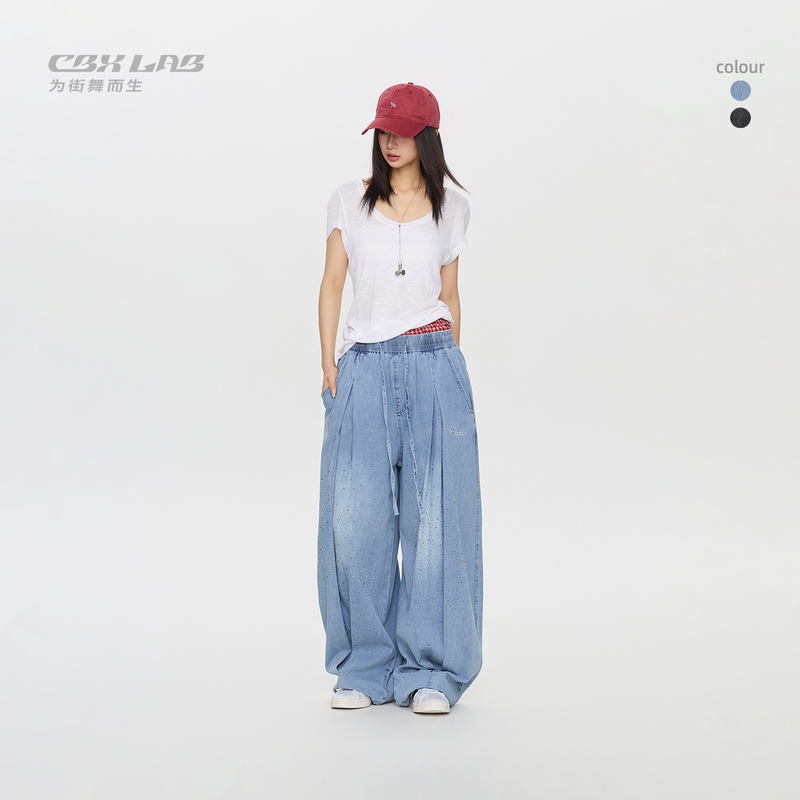 [Lyric Series] Cbxlab Street Dance Trendy Brand "Y2K Millennium" Water-Gloss Rhinestone Jeans Jazz Casual Pants
