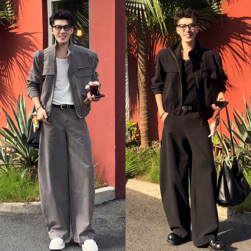 Autumn New Style Cool and Trendy Retro Workwear Design Versatile Stand-Up Collar Solid Color Fashion Patchwork Men's Suit Trendy Autumn New Style Cool and Trendy Retro Workwear Design Versatile Stand-Up Collar Solid Color Fashion Patchwork Men's Suit Trendy