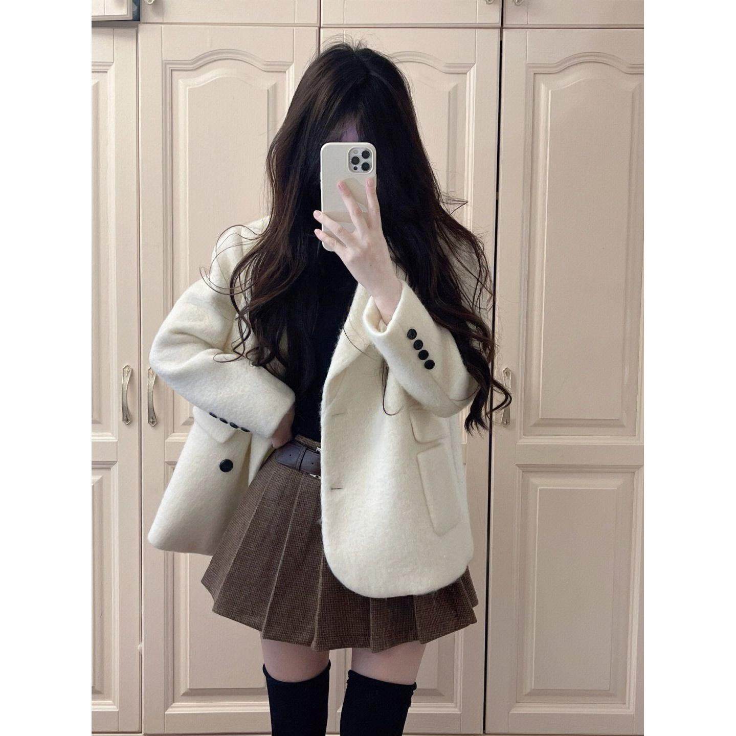 Suit for Women, New Autumn Style, Rich Girl's High-End Woolen Blazer, High-Waisted Slimming Skirt, Two-Piece Set