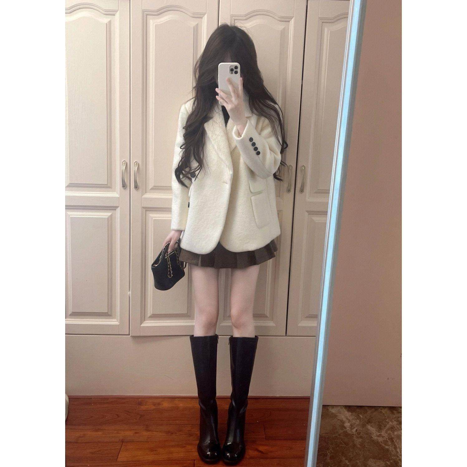 Suit for Women, New Autumn Style, Rich Girl's High-End Woolen Blazer, High-Waisted Slimming Skirt, Two-Piece Set