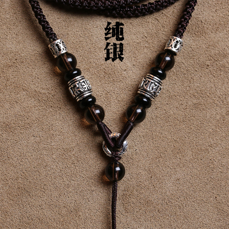 Upscale pure silver pendant with six words true tea crystal necklace rope emerald and field Jade Buddha Guanyin Yupei pendant rope