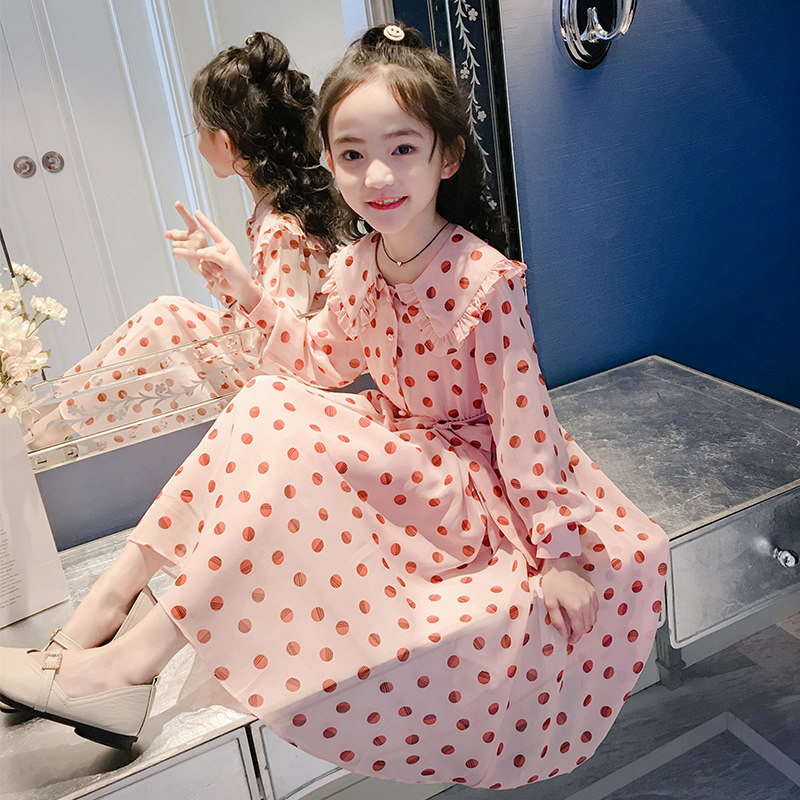 Girl's tennis red long sleeve dress foreign style fashion spring autumn 2022 new children over knee long skirt woman dresses