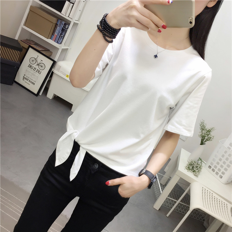Mùa hè 2018 mới phong cách BF BF Hồng Kông hương rắn màu Áo thun nữ ngắn tay Hàn Quốc lửng sơ áo phông nữ rộng