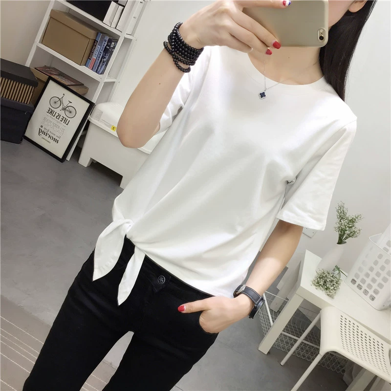 Mùa hè 2018 mới phong cách BF BF Hồng Kông hương rắn màu Áo thun nữ ngắn tay Hàn Quốc lửng sơ