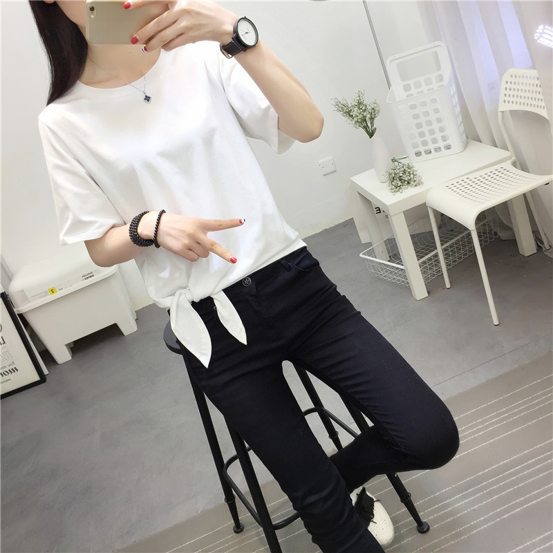 Mùa hè 2018 mới phong cách BF BF Hồng Kông hương rắn màu Áo thun nữ ngắn tay Hàn Quốc lửng sơ áo phông nữ rộng