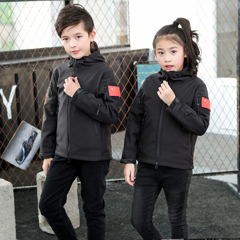 Children outdoor shark fish leather soft shell three-in-one machine clothes men's autumn winter style windproof and waterproof and warm grip suede mountaineering clothes