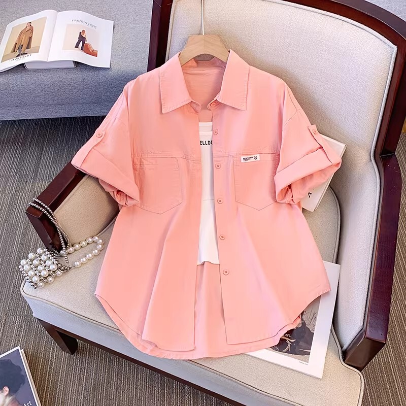 Plus-Size Pink Short-Sleeved Shirt Jacket for Women, Summer Style for Plus-Size Women, 1.0-150kg Mid-Length Casual Workwear Outerwear Top