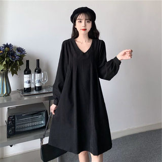 Fat mm french hepburn style v-neck dress for women in autumn and winter