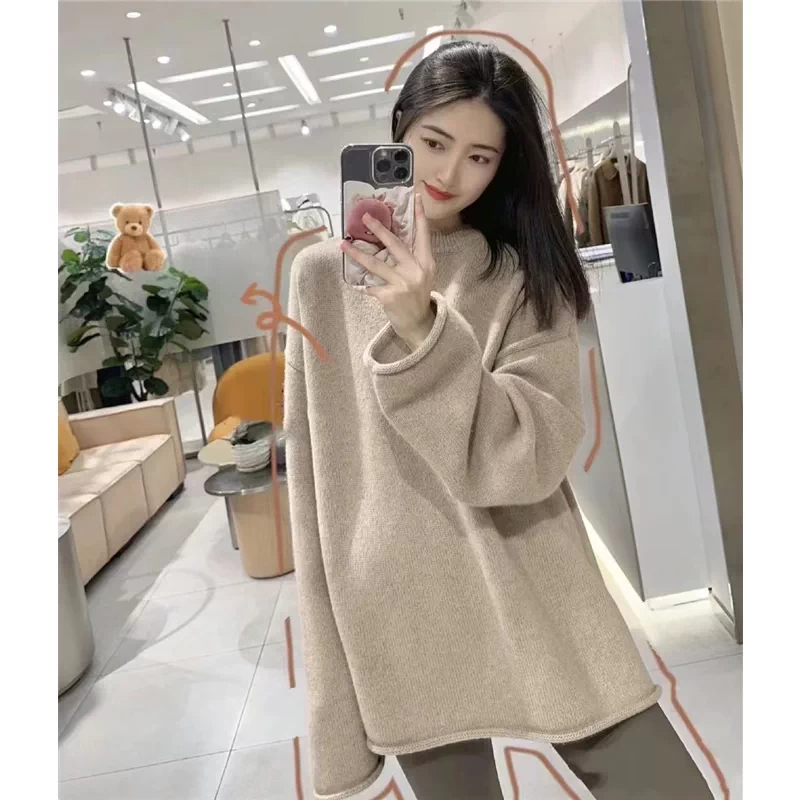 Plus-Size Korean-Style Round-Neck Sweater for Women, Autumn and Winter, for Chubby Women, 150kg Lazy Style, Loose Mid-Length Knit Top, Thick