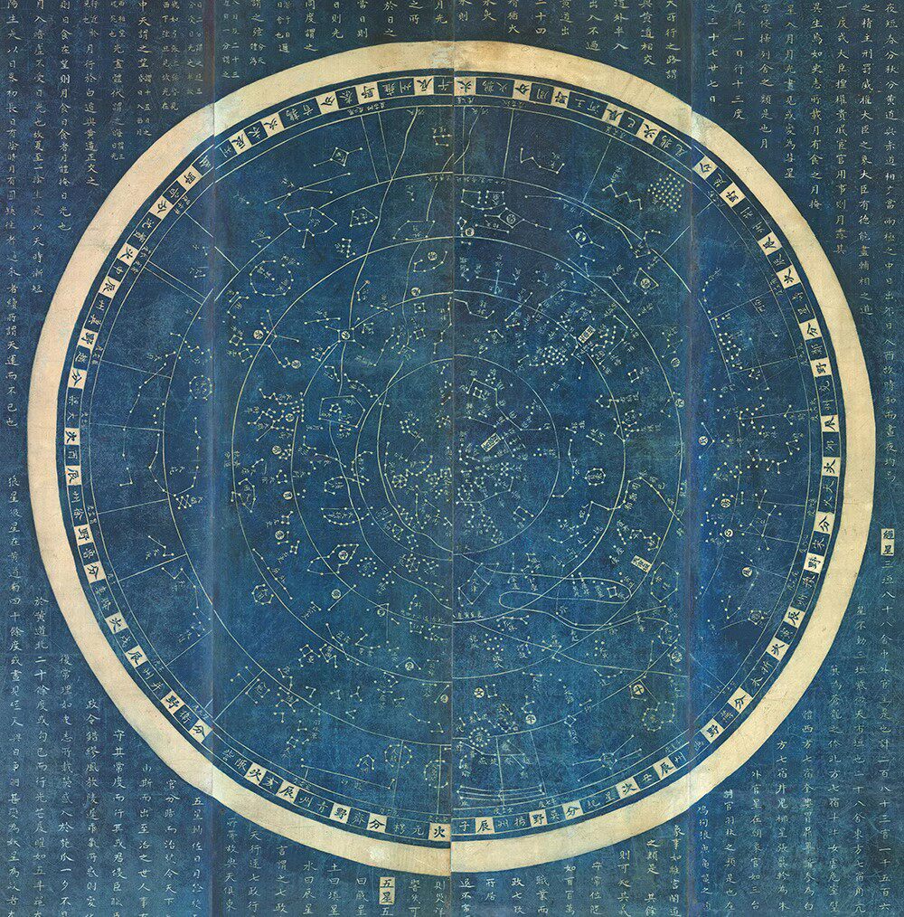 古代天文图星象全图 明清风格装饰画 宝蓝色绢布星象图 立轴装裱天文图