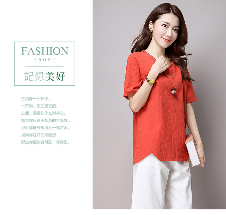 实拍3260#2022年夏新款棉麻大码女装文艺复古短袖T恤详情11