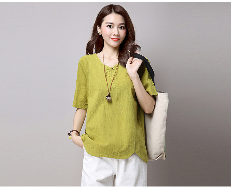 实拍3260#2022年夏新款棉麻大码女装文艺复古短袖T恤详情15