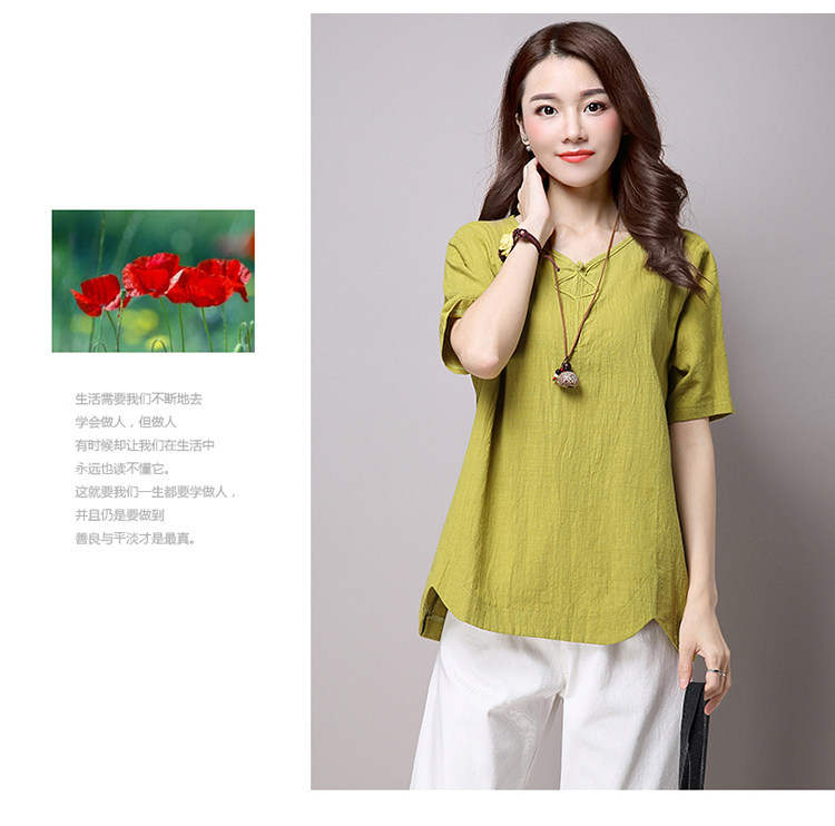 实拍3260#2022年夏新款棉麻大码女装文艺复古短袖T恤详情19