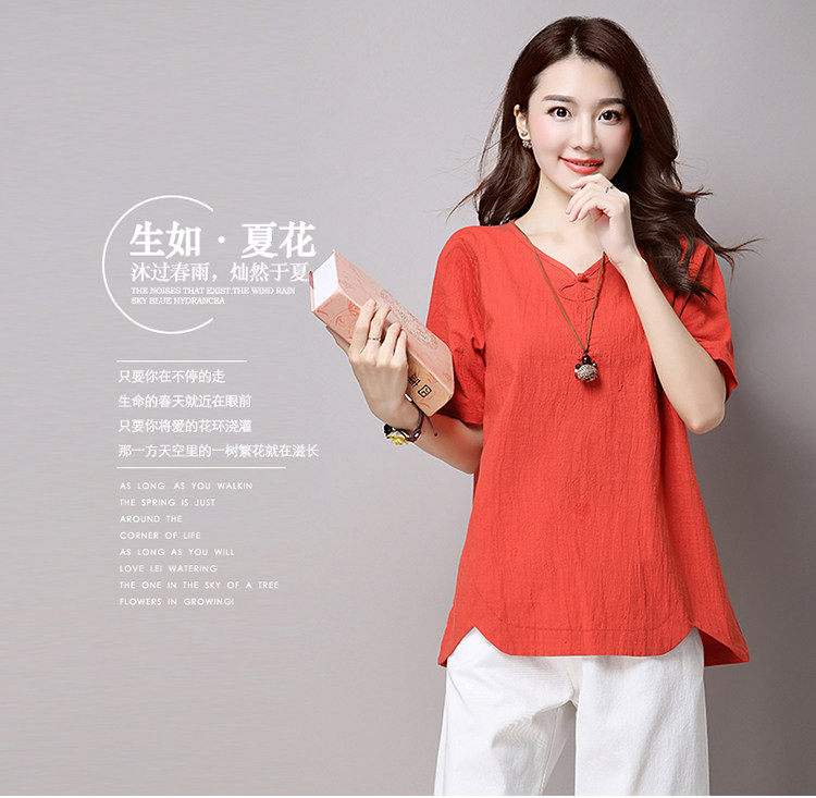 实拍3260#2022年夏新款棉麻大码女装文艺复古短袖T恤详情2