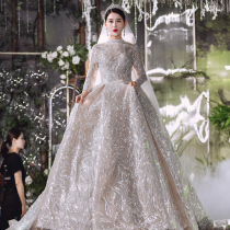Main wedding dress 2020 new bridal dress long-sleeved temperament long tail luxury stand-up collar heavy industry court starry sky skirt female