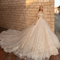 Main wedding dress 2020 new bride word shoulder starry sky forest department super fairy dream pregnant woman high waist cover pregnant belly big tail