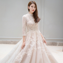 Light main wedding dress 2020 new thin bride wedding princess French retro stand-up collar trailing long-sleeved go out yarn woman