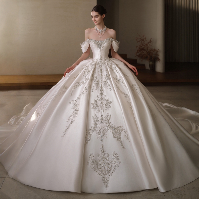 One-Shoulder Satin Wedding Dress for Brides 2026 New French Style Main Gown with Heavy Craftsmanship, Luxurious Forest Style, High-End Texture, Long Train