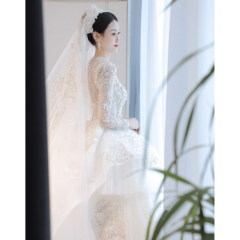 Long -sleeved wedding dress 2024 new French bride, small texture, high -level texture heavy work, retro tail, gauze light Long -sleeved wedding dress 2024 new French bride, small texture, high -level texture heavy work, retro tail, gauze light