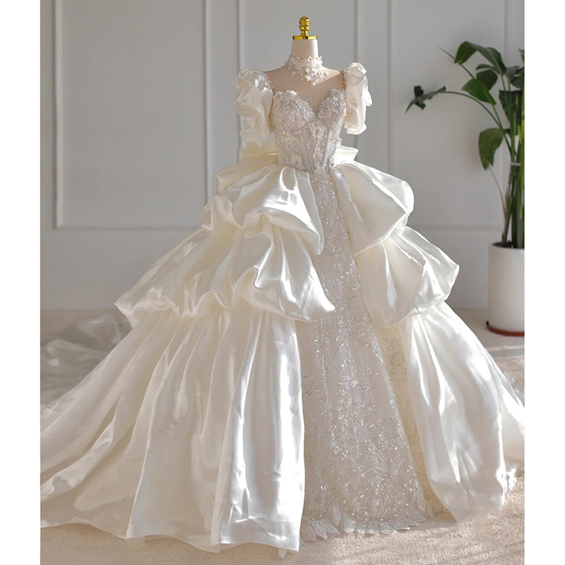 French style escape princess wedding dress 2024 new bride's main gauze satin retro high -level texture heavy work luxury large size French style escape princess wedding dress 2024 new bride's main gauze satin retro high -level texture heavy work luxury large size