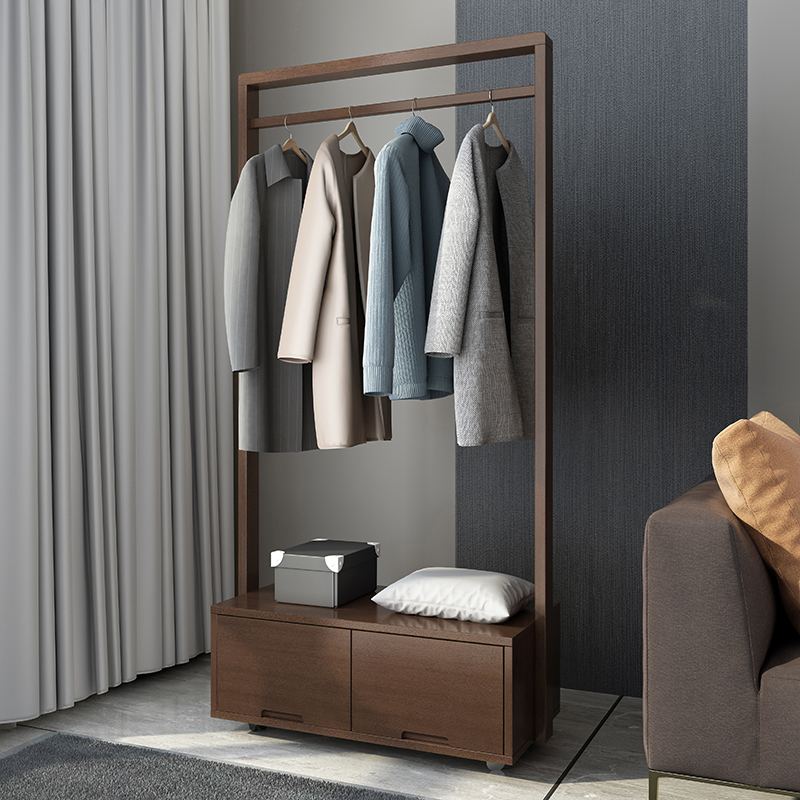 Nordic walnut coat rack Floor to ceiling bedroom drawer solid wood hanger mobile living room Chinese simple shelf