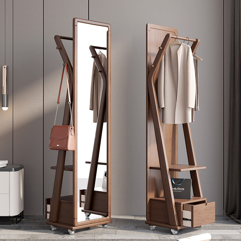 Rotating all-body mirror hanging frame in one floor bedroom solid wood clothes jacket cap frame moving multi-functional shelf