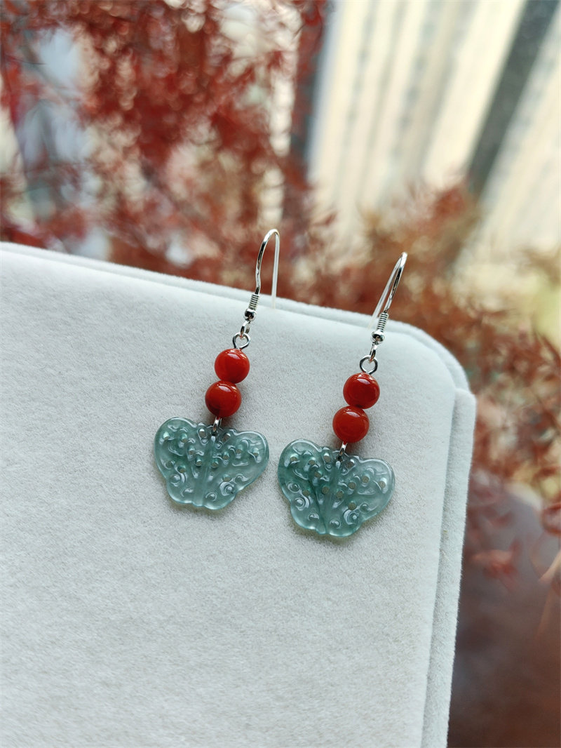 Серьги 天然蓝水翡翠蝴蝶耳环老坑南红耳饰玉石耳坠高级国风中式纯银耳钩耳环