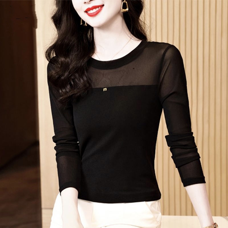 Round Neck Black Mesh Base Shirt for Women, Summer 2026 New Slim-Fit Long-Sleeve T-Shirt, Lace Top