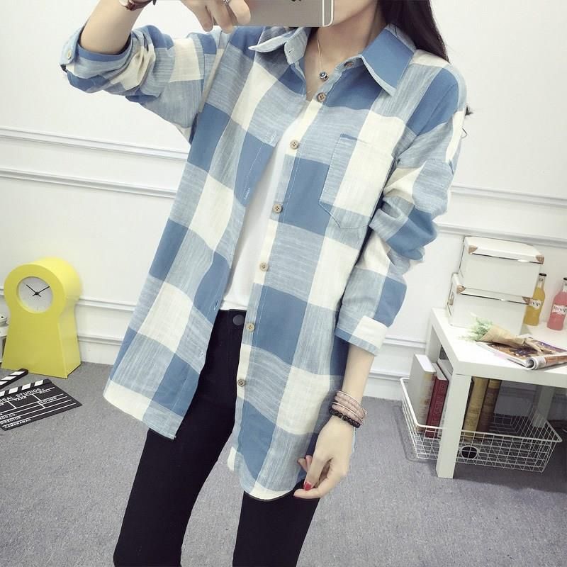 . 2018 cô gái mới mùa xuân dress Trung bình Dài Plaid Shirt nữ dài tay áo Student Loose áo bông mỏng Coat