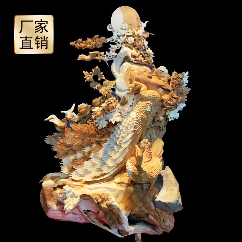 Cliff cypress flower and bird root carving decoration large living room porch gift gold silk Nan root art carving agarwood wood carving craft gift decoration