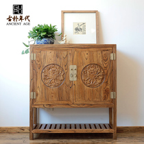  Quaint era solid wood shoe cabinet Elm furniture carved shoe rack large-capacity Chinese open door multi-function entrance cabinet