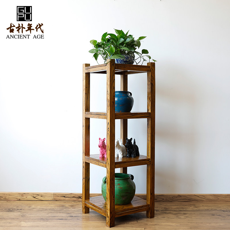 Quaint era all solid wood racks modern Chinese floor-to-ceiling wooden simple log multi-layer elm flower racks