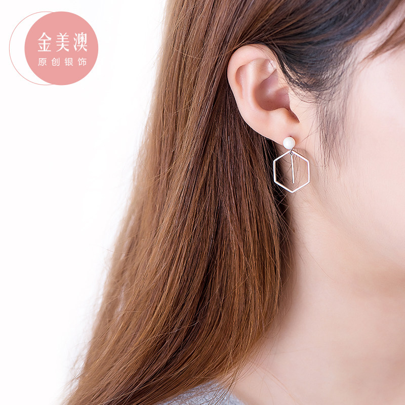 Pure Silver Explicit Face Slim Earrings Korea Temperament Net Red Design Sensation Small Crowdhexagon Ear Pin Suitable for round face earbuds