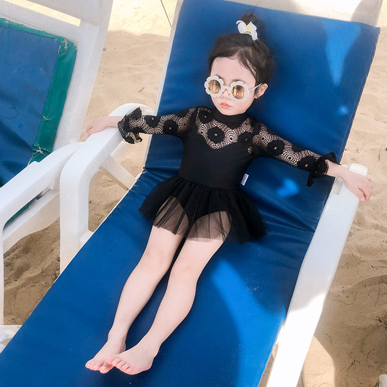 Sunscreen long-sleeved children's swimsuit children's baby swimsuit girls black lace swimsuit net red ins hot style sea