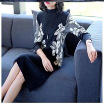 Ifischen Zhiqi 2020 autumn and winter new printed with long neckline loose large code to collect waist and dress 4