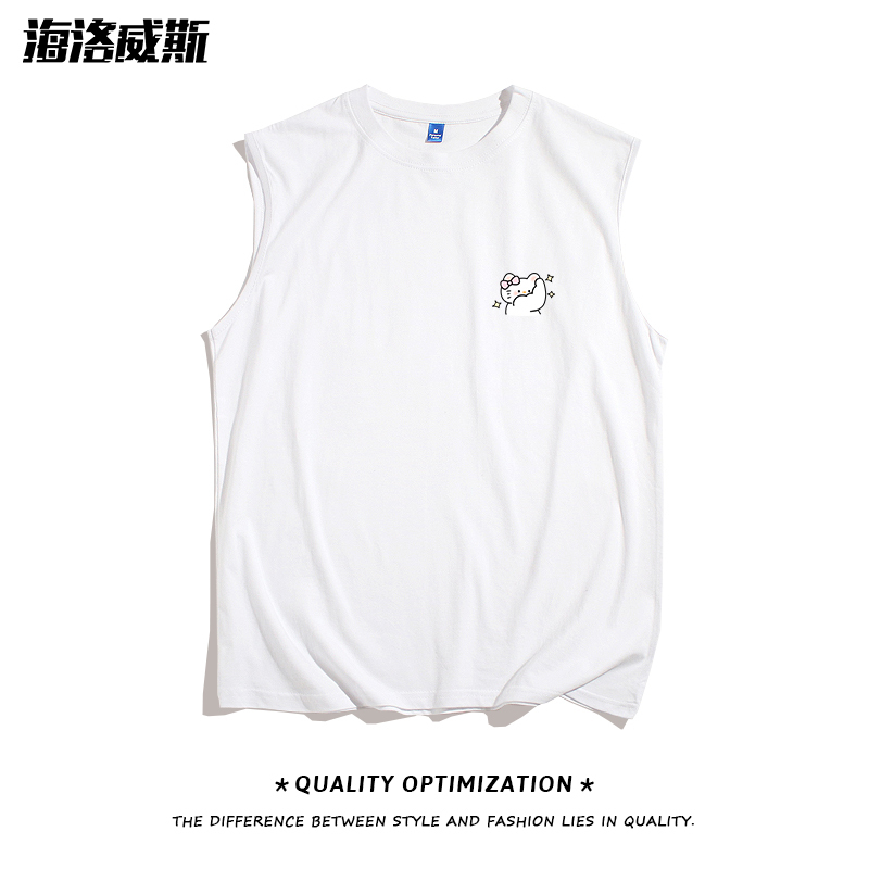 Muscle-Showing White Kitty Simple Chest Logo Tank Top Summer Thin Pure Cotton Unisex Fitness Vest