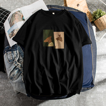 Short-sleeved Mens Tide Brand Joker ins Black Cotton Summer Leisure Body Loose Large Size Fashion Mens T-Shirt Trend