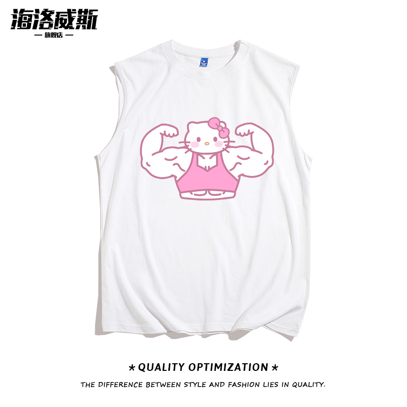Arm Muscle Kitty Tank Top Men's Pure Cotton Summer Loose Cartoon Sleeveless T-Shirt