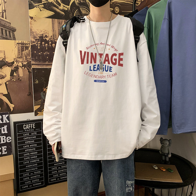 White T-shirt male long sleeves Riding Tide Cards Loose Pure Cotton Round Collar Day Department Spring Autumn 100 lap blouse clothes man