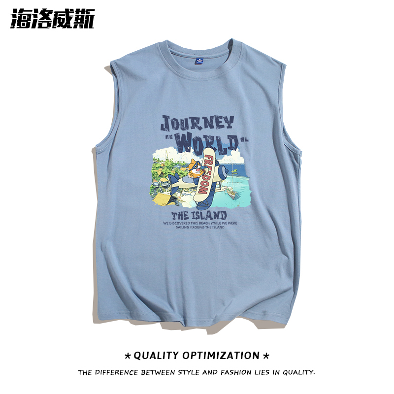 Men's Vest Summer Pure Cotton Outerwear Thin Loose 2024 New Summer Blue Sleeveless T-Shirt for Men