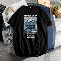 Sesame Street short-sleeved mens tide loose harbor wind cotton T-shirt summer black trend half-sleeve mens Tide brand